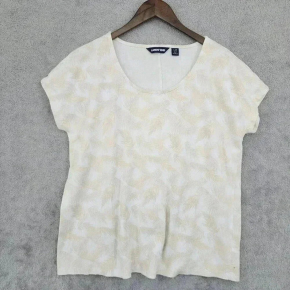 Lands End Women's L/P Short Sleeve Top‎ Cream Palm Print 96% Cotton 10CT - Picture 1 of 6